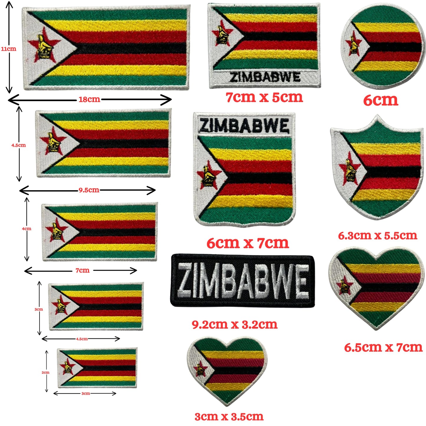 Zimbabwe Flag Embroidered Patch Set, Iron-On or Sew-On Applique Badges, Rectangle Shield Round Heart Shapes, for Jackets, Backpacks, Hats, Uniforms and Various Sizes
