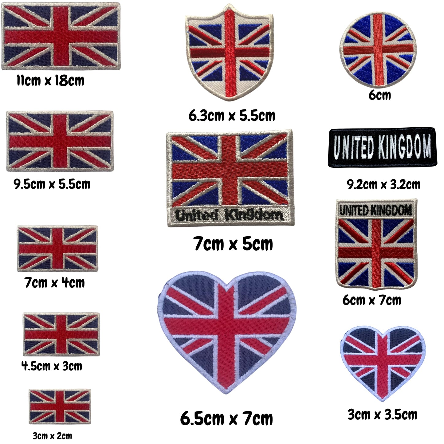 United Kingdom Flag Embroidered Patch Set, Iron-On or Sew-On Applique Badges, Rectangle Shield Round Heart Shapes, for Jackets, Backpacks, Hats, Uniforms and Various Sizes