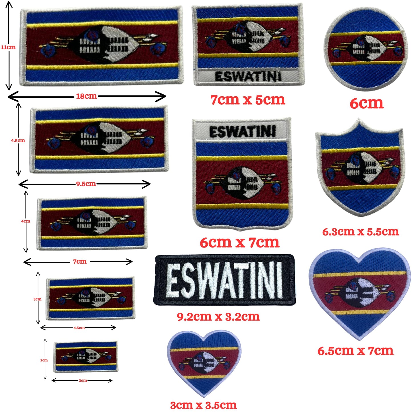 Eswatini Flag Embroidered Patch Set, Iron-On or Sew-On Applique Badges, Rectangle Shield Round Heart Shapes, for Jackets, Backpacks, Hats, Uniforms and Various Sizes
