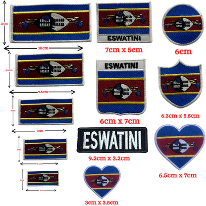 Eswatini Flag Embroidered Patch Set, Iron-On or Sew-On Applique Badges, Rectangle Shield Round Heart Shapes, for Jackets, Backpacks, Hats, Uniforms and Various Sizes