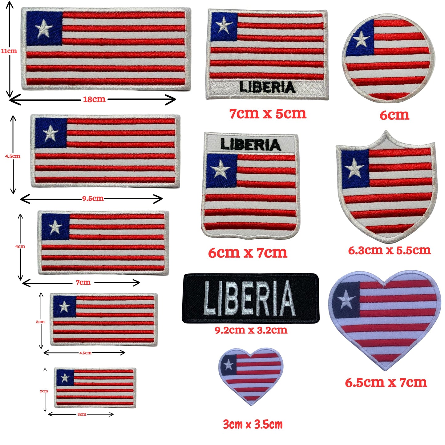 Liberia Flag Embroidered Patch Set, Iron-On or Sew-On Applique Badges, Rectangle Shield Round Heart Shapes, for Jackets, Backpacks, Hats, Uniforms and Various Sizes
