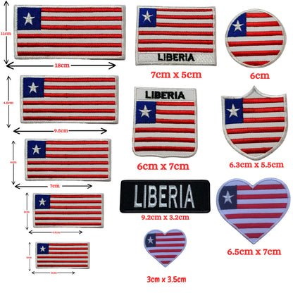 Liberia Flag Embroidered Patch Set, Iron-On or Sew-On Applique Badges, Rectangle Shield Round Heart Shapes, for Jackets, Backpacks, Hats, Uniforms and Various Sizes