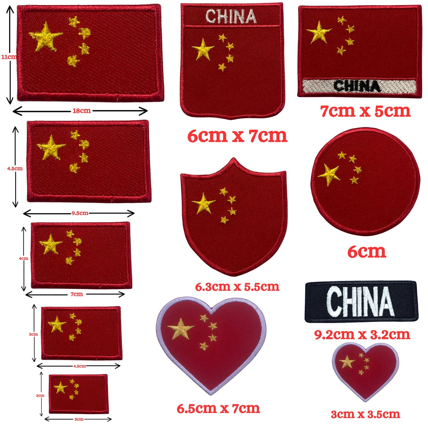 China Flag Embroidered Patch Set, Iron-On or Sew-On Applique Badges, Rectangle Shield Round Heart Shapes, for Jackets, Backpacks, Hats, Uniforms and Various Sizes