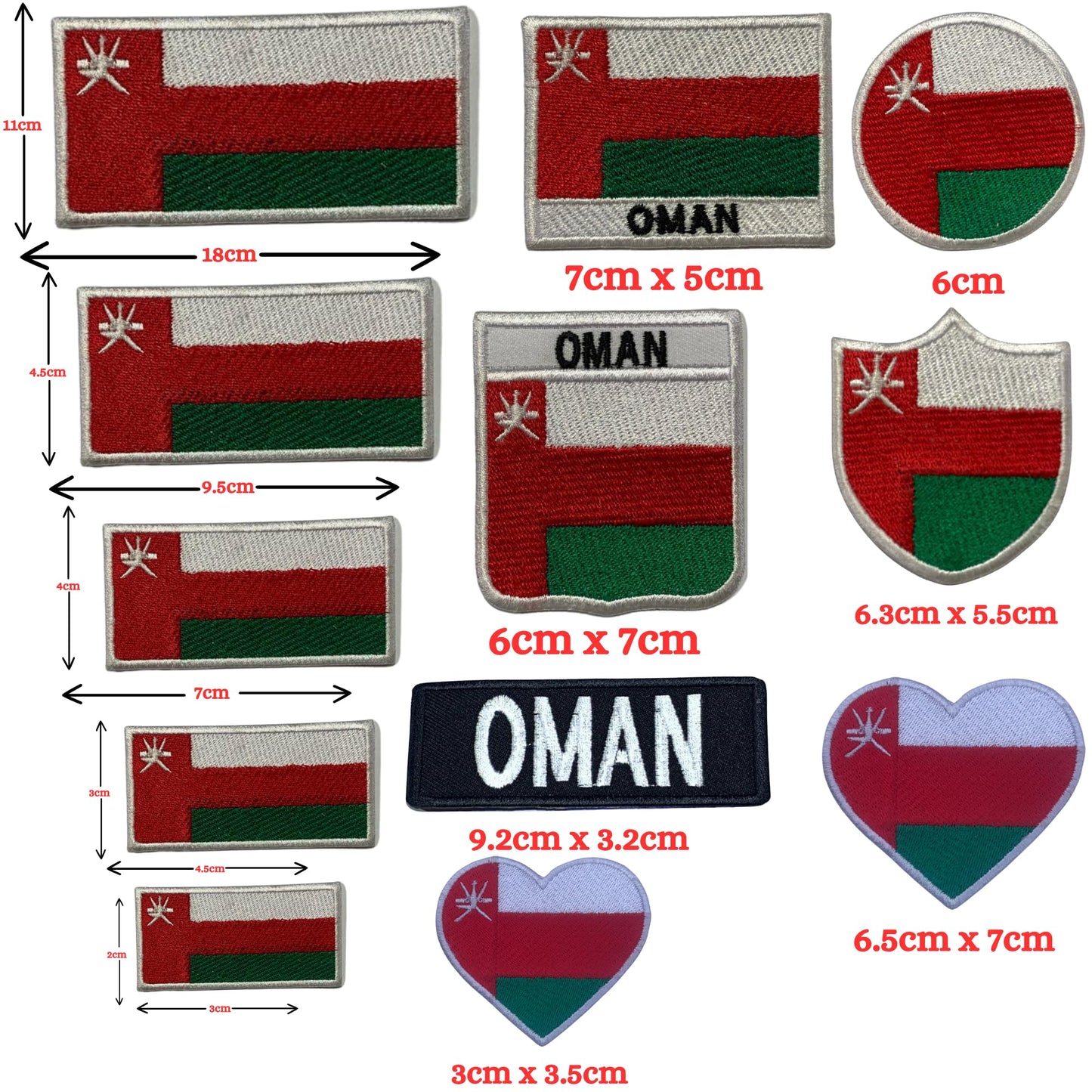 Oman Flag Embroidered Patch Set, Iron-On or Sew-On Applique Badges, Rectangle Shield Round Heart Shapes, for Jackets, Backpacks, Hats, Uniforms and Various Sizes