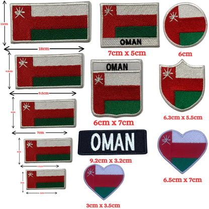 Oman Flag Embroidered Patch Set, Iron-On or Sew-On Applique Badges, Rectangle Shield Round Heart Shapes, for Jackets, Backpacks, Hats, Uniforms and Various Sizes