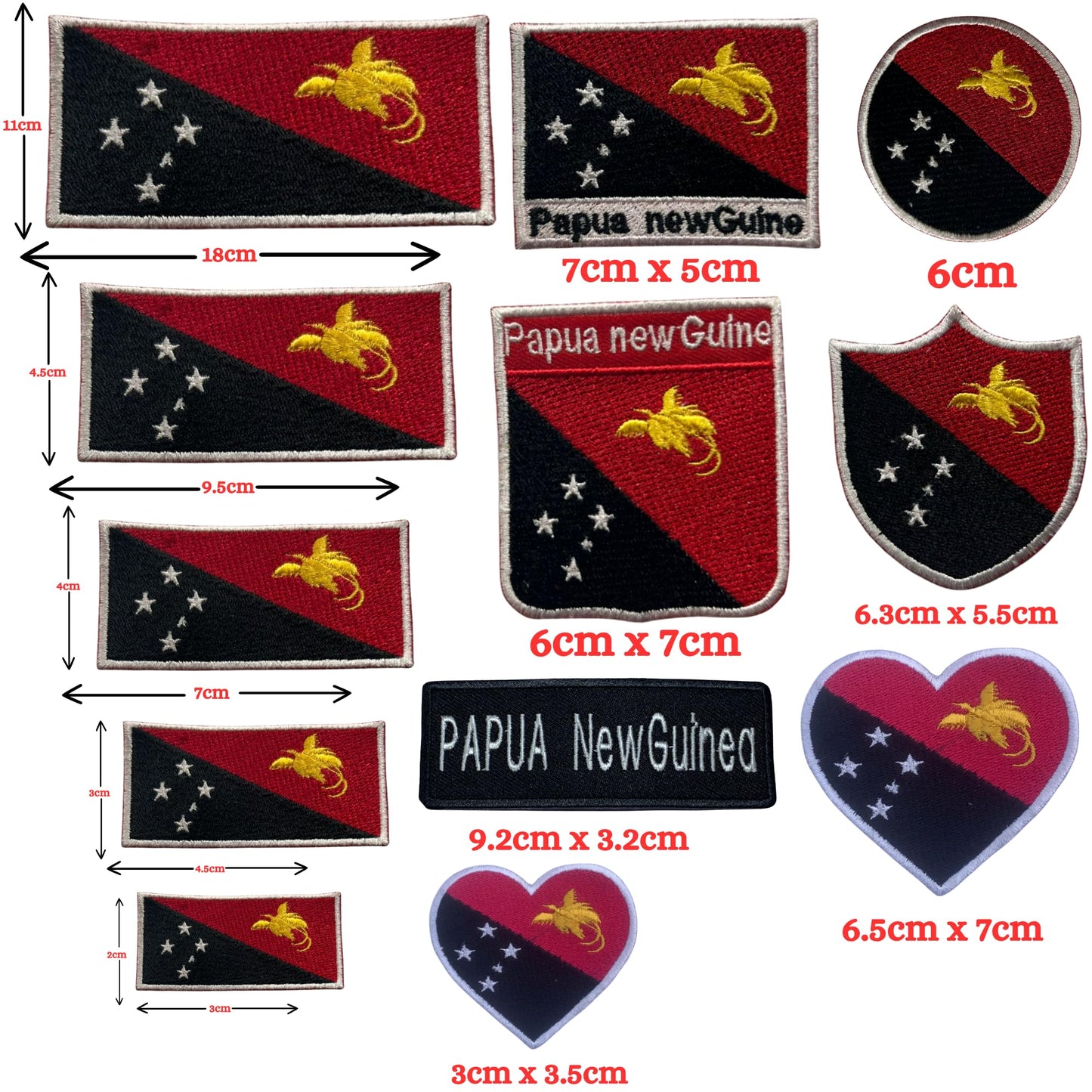Papua New Guine Flag Embroidered Patch Set, Iron-On or Sew-On Applique Badges, Rectangle Shield Round Heart Shapes, for Jackets, Backpacks, Hats, Uniforms and Various Sizes