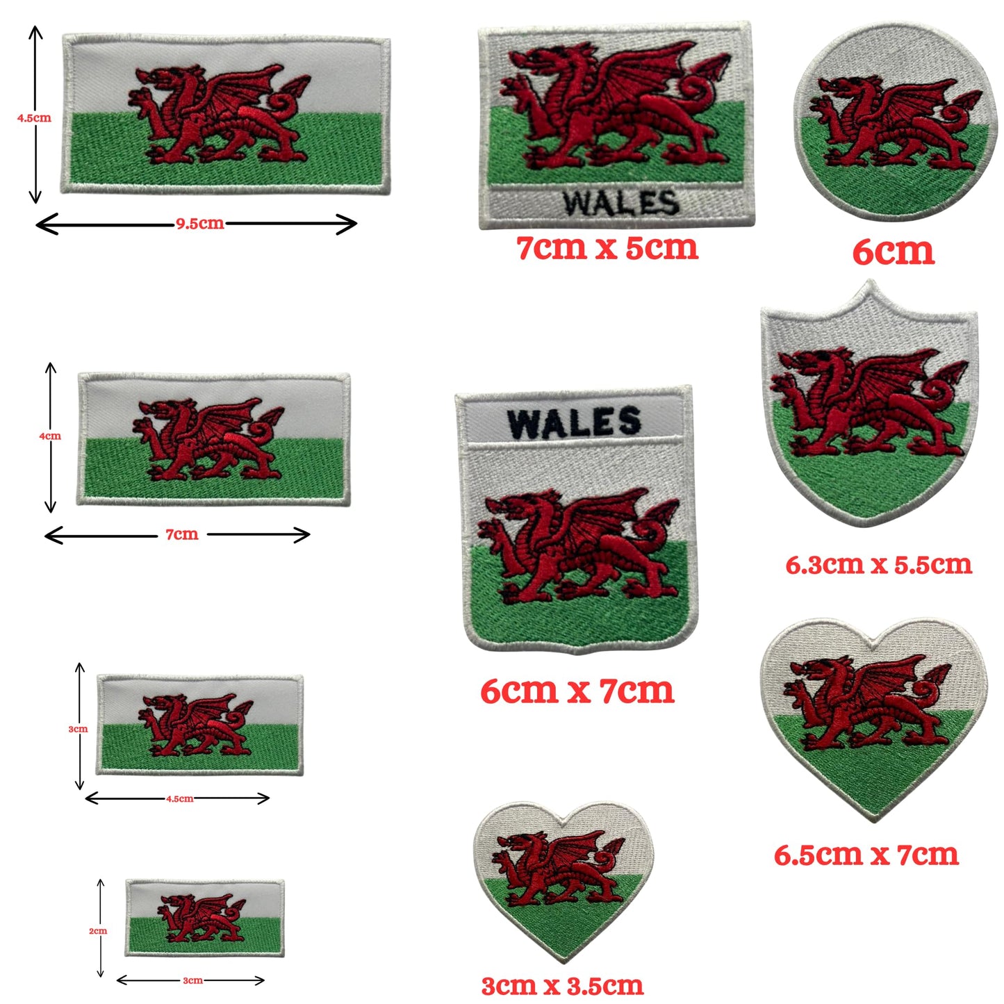 Wales Flag Embroidered Patch Set, Iron-On or Sew-On Applique Badges, Rectangle Shield Round Heart Shapes, for Jackets, Backpacks, Hats, Uniforms and Various Sizes