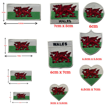 Wales Flag Embroidered Patch Set, Iron-On or Sew-On Applique Badges, Rectangle Shield Round Heart Shapes, for Jackets, Backpacks, Hats, Uniforms and Various Sizes