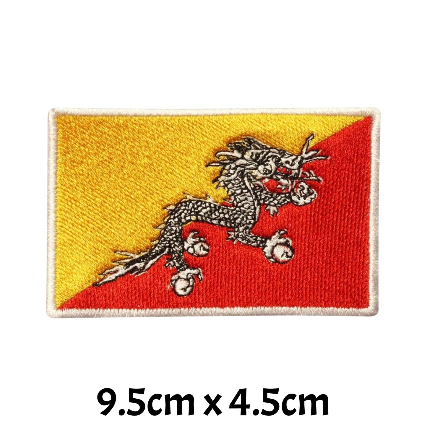 BeBuz Bhutan Flag Embroidered Patches, Iron-On/Sew-On Applique, Shield, Round, Heart and Rectangle Flag Badges for Jackets, Bags, Uniforms, Various Sizes