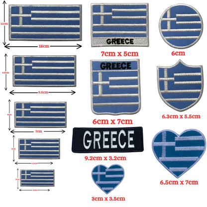 Greece Flag Embroidered Patch Set, Iron-On or Sew-On Applique Badges, Rectangle Shield Round Heart Shapes, for Jackets, Backpacks, Hats, Uniforms and Various Sizes