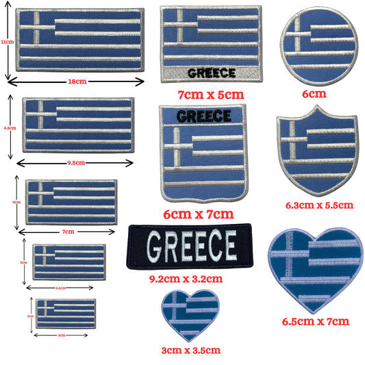Greece Flag Embroidered Patch Set, Iron-On or Sew-On Applique Badges, Rectangle Shield Round Heart Shapes, for Jackets, Backpacks, Hats, Uniforms and Various Sizes