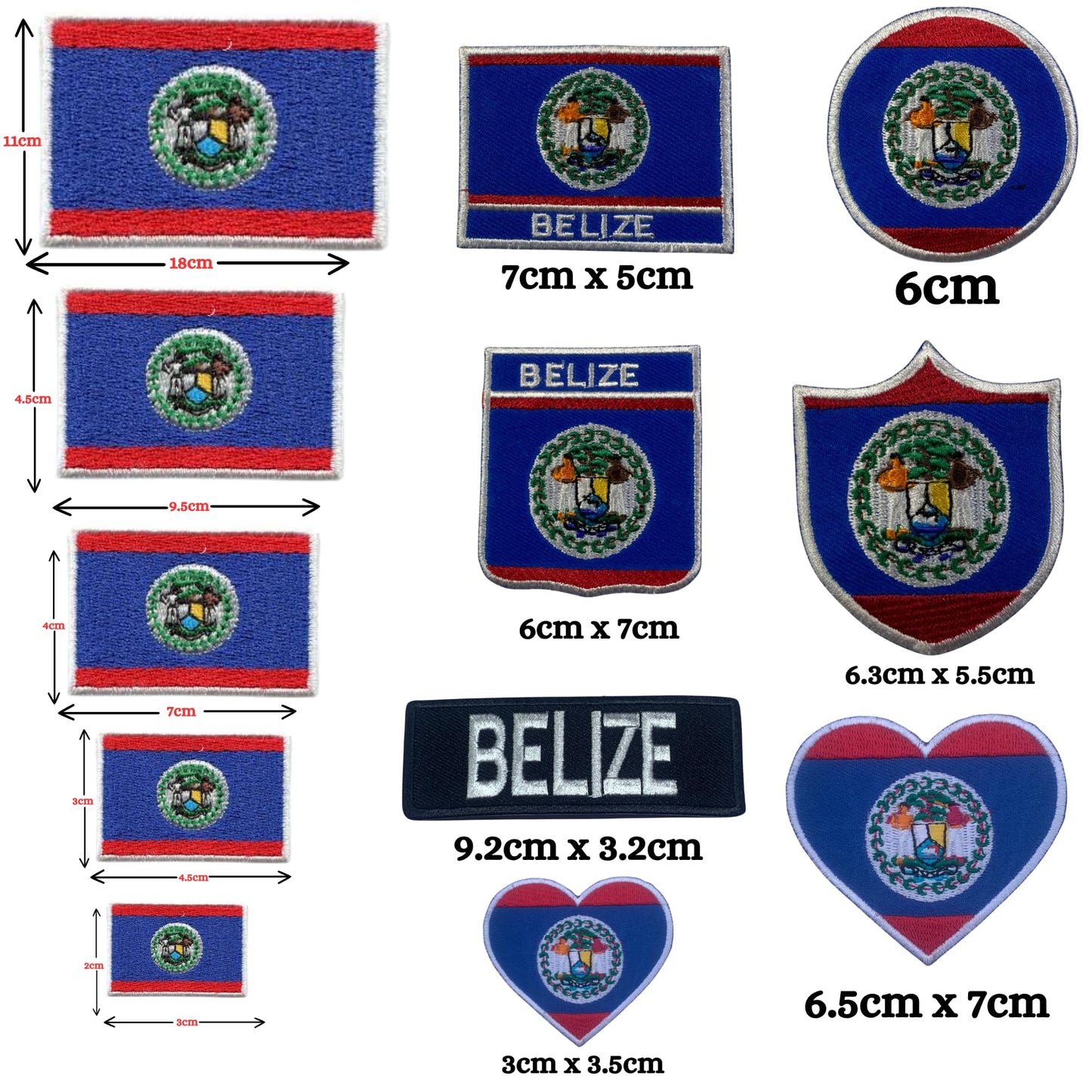 Belize Flag Embroidered Patches, Iron-On/Sew-On Applique, Shield, Round, Heart and Rectangle Flag Badges for Jackets, Bags, Uniforms, Various Sizes