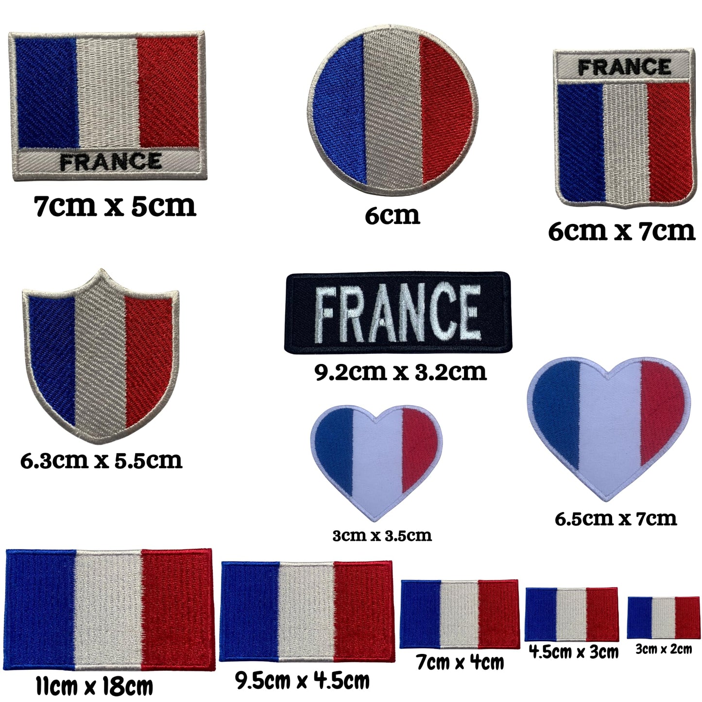 BeBuz France Flag Embroidered Patches, Iron-On/Sew-On Applique, Shield, Round, Heart and Rectangle Flag Badges for Jackets, Bags, Uniforms, Various Sizes