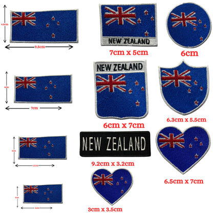 New Zealand Flag Embroidered Patch Set, Iron-On or Sew-On Applique Badges, Rectangle Shield Round Heart Shapes, for Jackets, Backpacks, Hats, Uniforms and Various Sizes