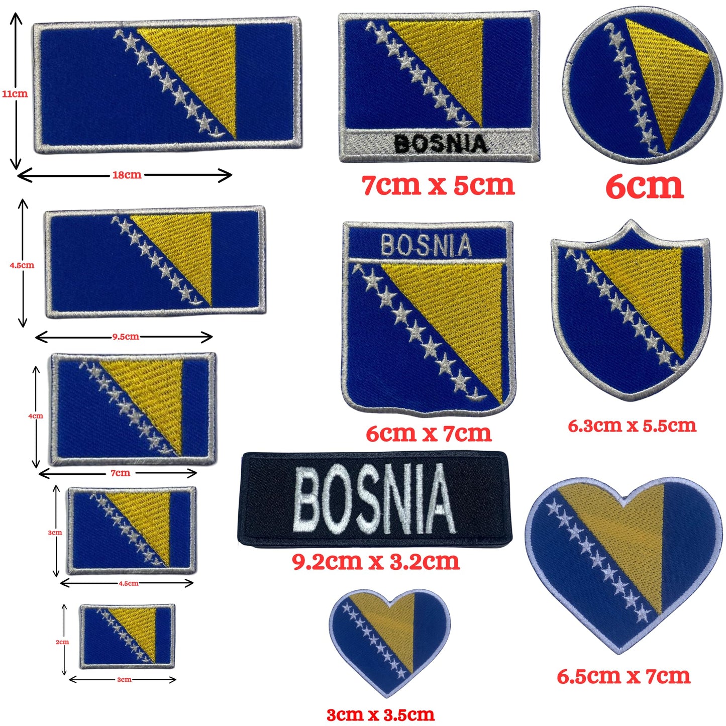 BeBuz Bosnia Flag Embroidered Patch – Iron On or Sew On Bosnian Badge – Choose Your Shape & Size – Rectangle, Shield, Round, Heart – Bosnia and Herzegovina Patch for Jacket, Backpack, Hat, Clothing