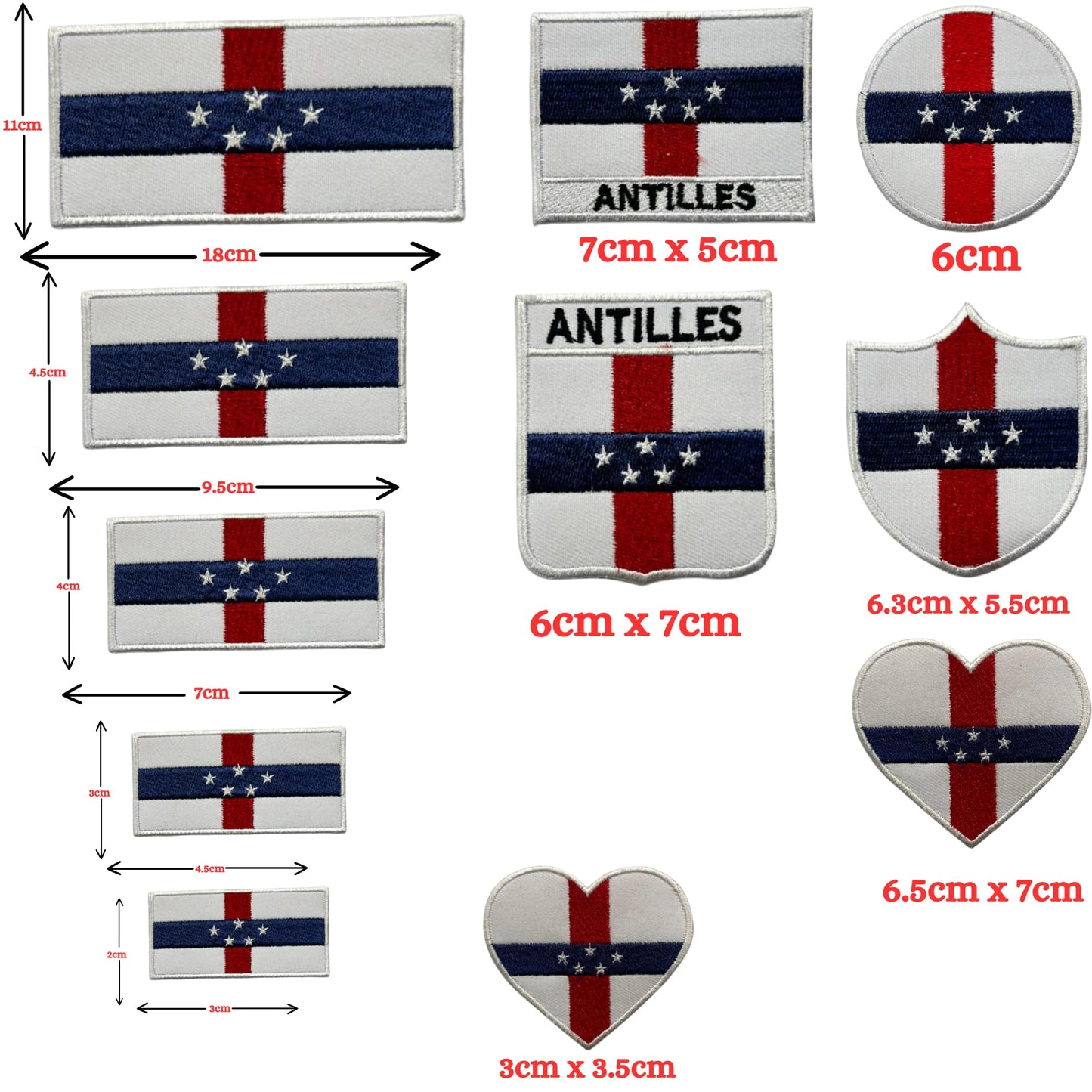Antilles Flag Embroidered Patch Set, Iron-On or Sew-On Applique Badges, Rectangle Shield Round Heart Shapes, for Jackets, Backpacks, Hats, Uniforms and Various Sizes