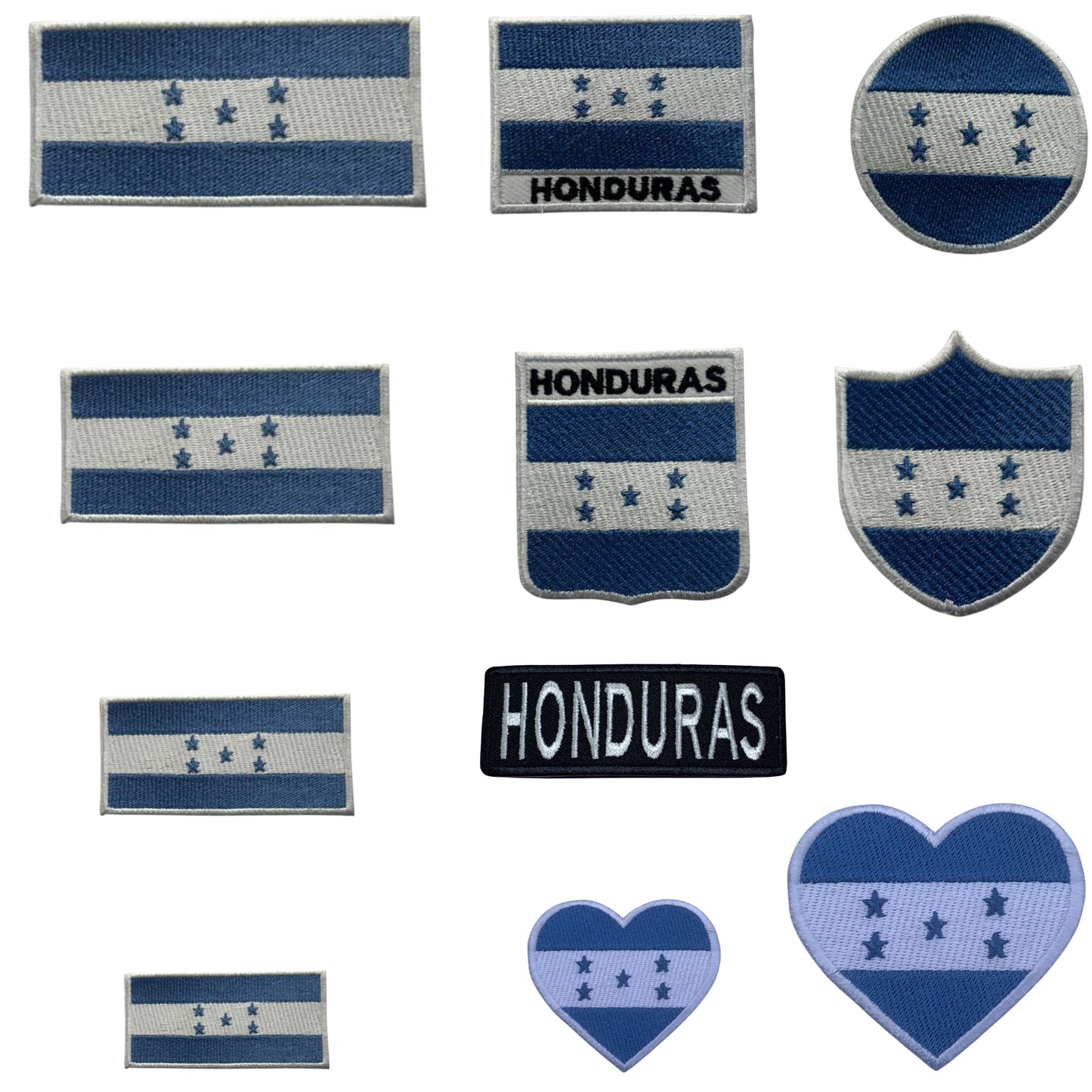 Honduras Flag Embroidered Patch Set, Iron-On or Sew-On Applique Badges, Rectangle Shield Round Heart Shapes, for Jackets, Backpacks, Hats, Uniforms and Various Sizes