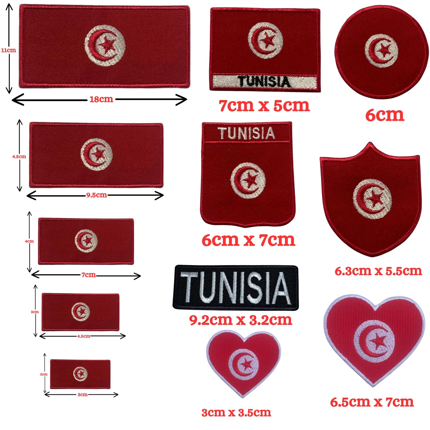 Tunisia Flag Embroidered Patches, Iron-On/Sew-On Applique, Shield, Round, Heart and Rectangle Flag Badges for Jackets, Bags, Uniforms, Various Sizes