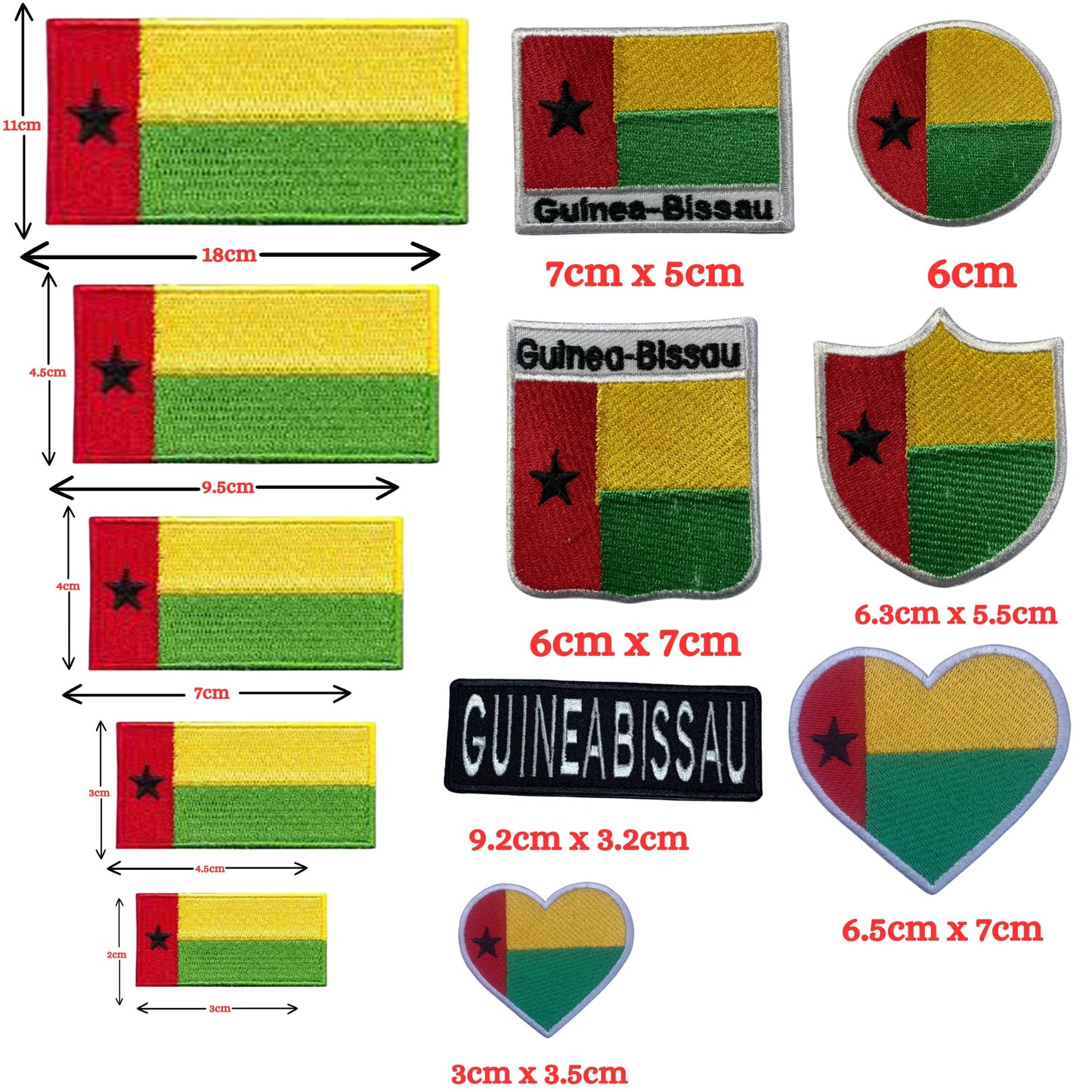 Guinea-Bissau Flag Embroidered Patch Set, Iron-On or Sew-On Applique Badges, Rectangle Shield Round Heart Shapes, for Jackets, Backpacks, Hats, Uniforms and Various Sizes