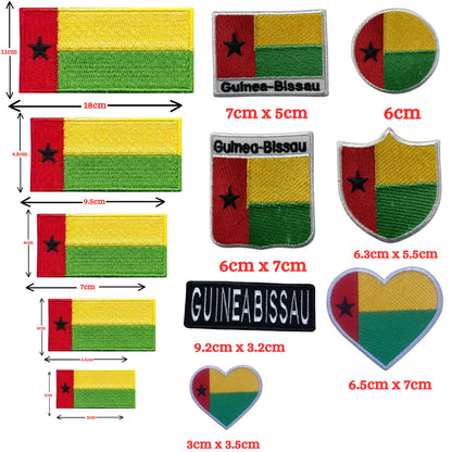Guinea-Bissau Flag Embroidered Patch Set, Iron-On or Sew-On Applique Badges, Rectangle Shield Round Heart Shapes, for Jackets, Backpacks, Hats, Uniforms and Various Sizes