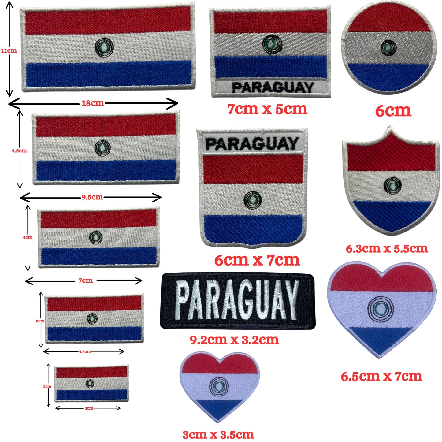 Paraguay Flag Embroidered Patches, Iron-On/Sew-On Applique, Shield, Round, Heart and Rectangle Flag Badges for Jackets, Bags, Uniforms, Various Sizes