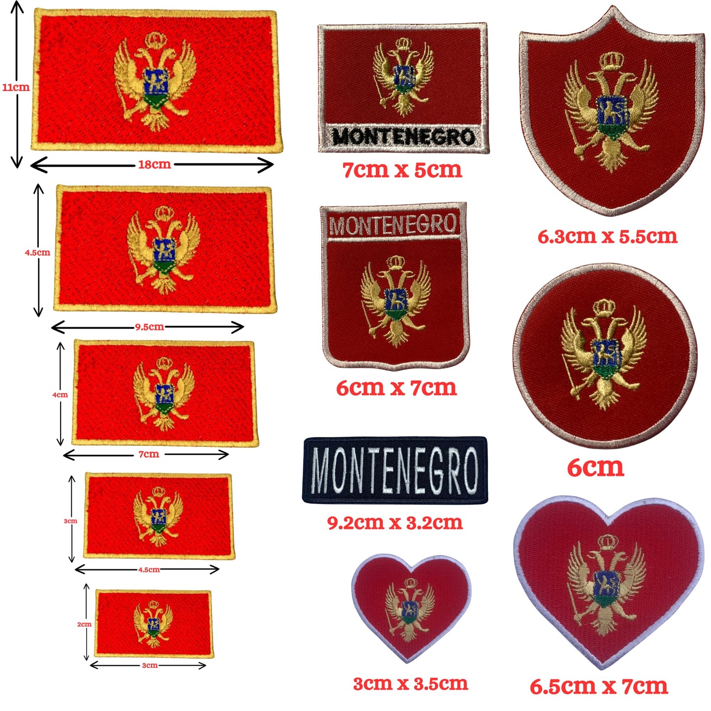 Montenegro Flag Embroidered Patch Set, Iron-On or Sew-On Applique Badges, Rectangle Shield Round Heart Shapes, for Jackets, Backpacks, Hats, Uniforms and Various Sizes