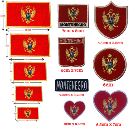 Montenegro Flag Embroidered Patch Set, Iron-On or Sew-On Applique Badges, Rectangle Shield Round Heart Shapes, for Jackets, Backpacks, Hats, Uniforms and Various Sizes