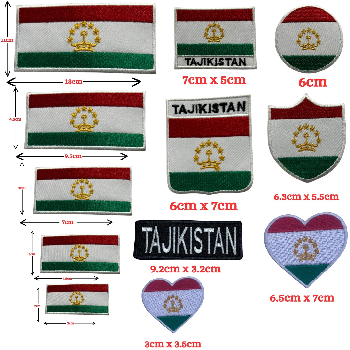 Tajikistan Flag Embroidered Patch Set, Iron-On or Sew-On Applique Badges, Rectangle Shield Round Heart Shapes, for Jackets, Backpacks, Hats, Uniforms and Various Sizes