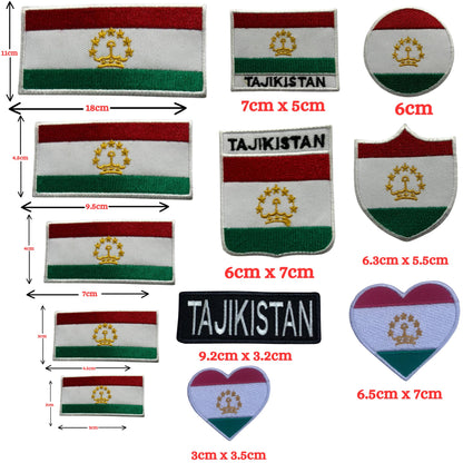 Tajikistan Flag Embroidered Patch Set, Iron-On or Sew-On Applique Badges, Rectangle Shield Round Heart Shapes, for Jackets, Backpacks, Hats, Uniforms and Various Sizes