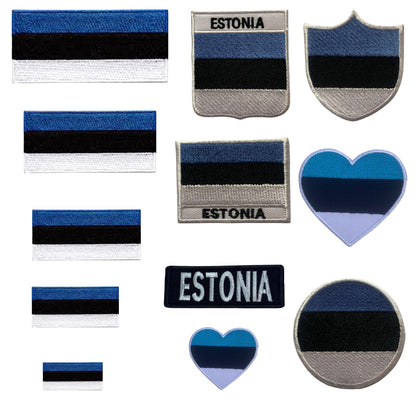 Estonia Flag Embroidered Patch Set, Iron-On or Sew-On Applique Badges, Rectangle Shield Round Heart Shapes, for Jackets, Backpacks, Hats, Uniforms and Various Sizes