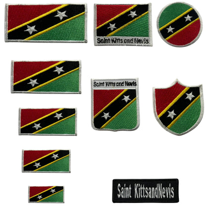 Saint Kitts and Nevis Flag Embroidered Patch Set, Iron-On or Sew-On Applique Badges, Rectangle Shield Round Heart Shapes, for Jackets, Backpacks, Hats, Uniforms and Various Sizes