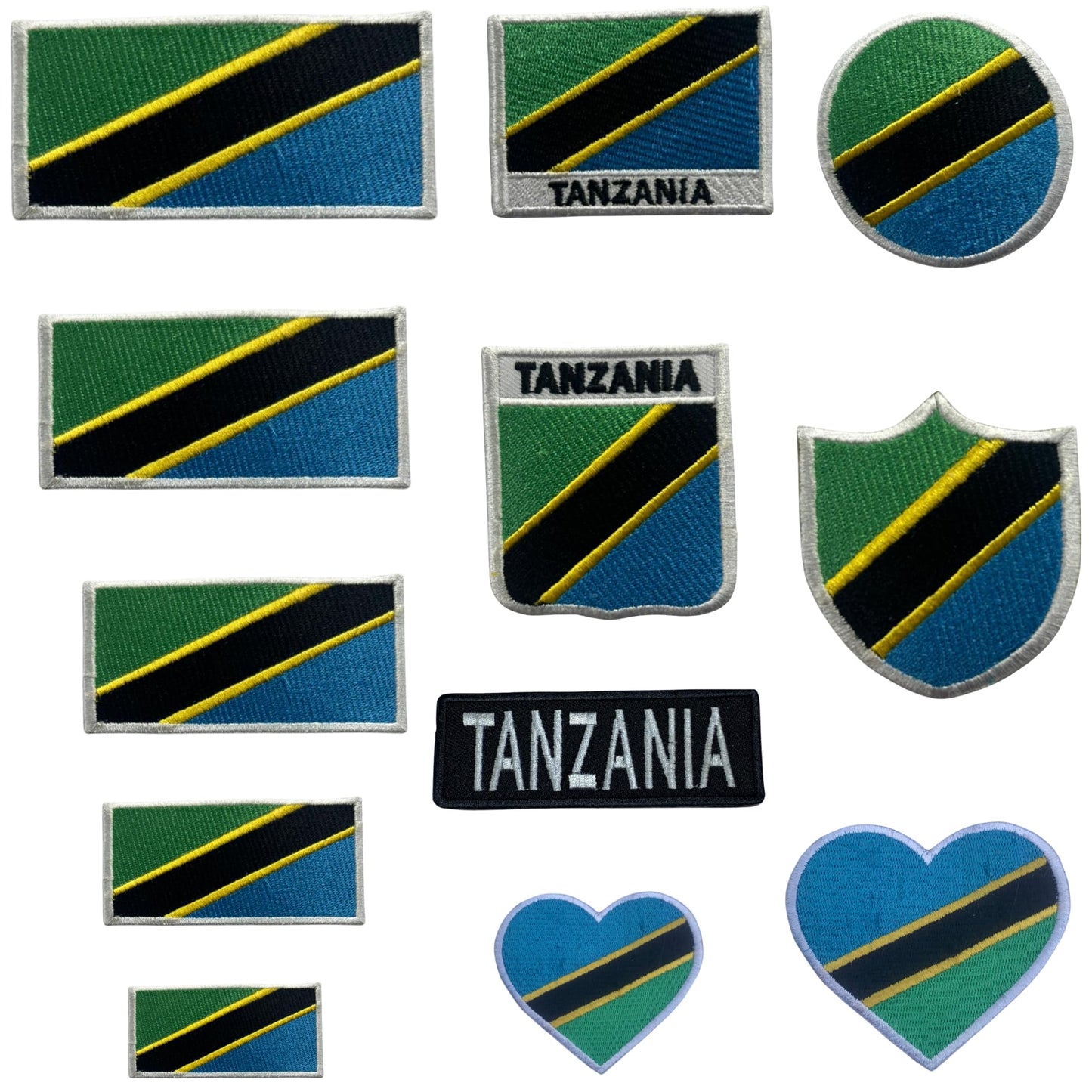 Tanzania Flag Embroidered Patch Set, Iron-On or Sew-On Applique Badges, Rectangle Shield Round Heart Shapes, for Jackets, Backpacks, Hats, Uniforms and Various Sizes