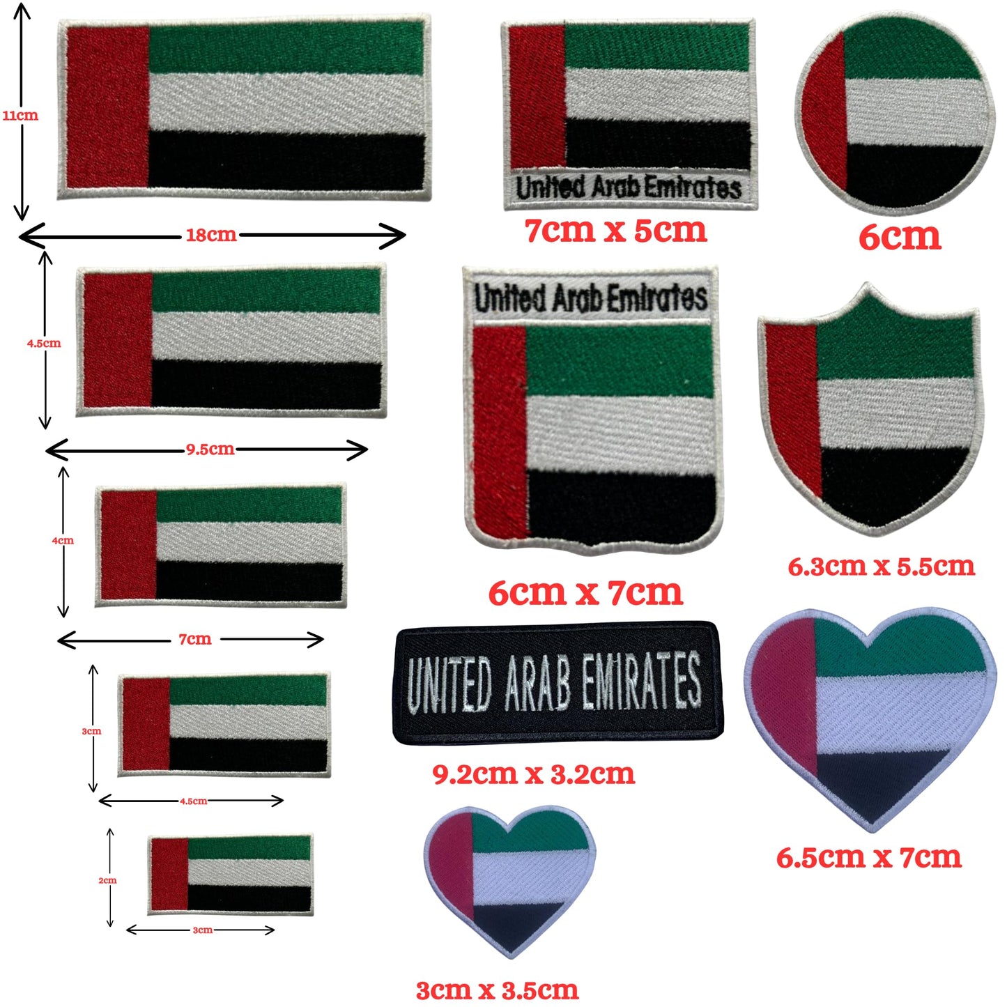 Unied Arab Emirates Flag Embroidered Patch Set, Iron-On or Sew-On Applique Badges, Rectangle Shield Round Heart Shapes, for Jackets, Backpacks, Hats, Uniforms and Various Sizes