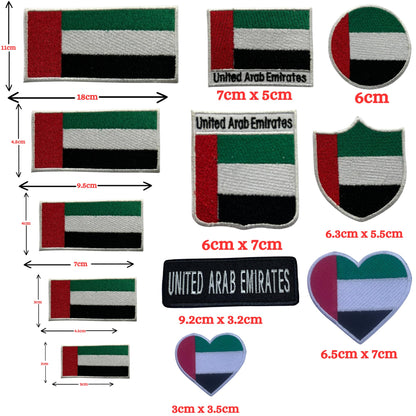 Unied Arab Emirates Flag Embroidered Patch Set, Iron-On or Sew-On Applique Badges, Rectangle Shield Round Heart Shapes, for Jackets, Backpacks, Hats, Uniforms and Various Sizes
