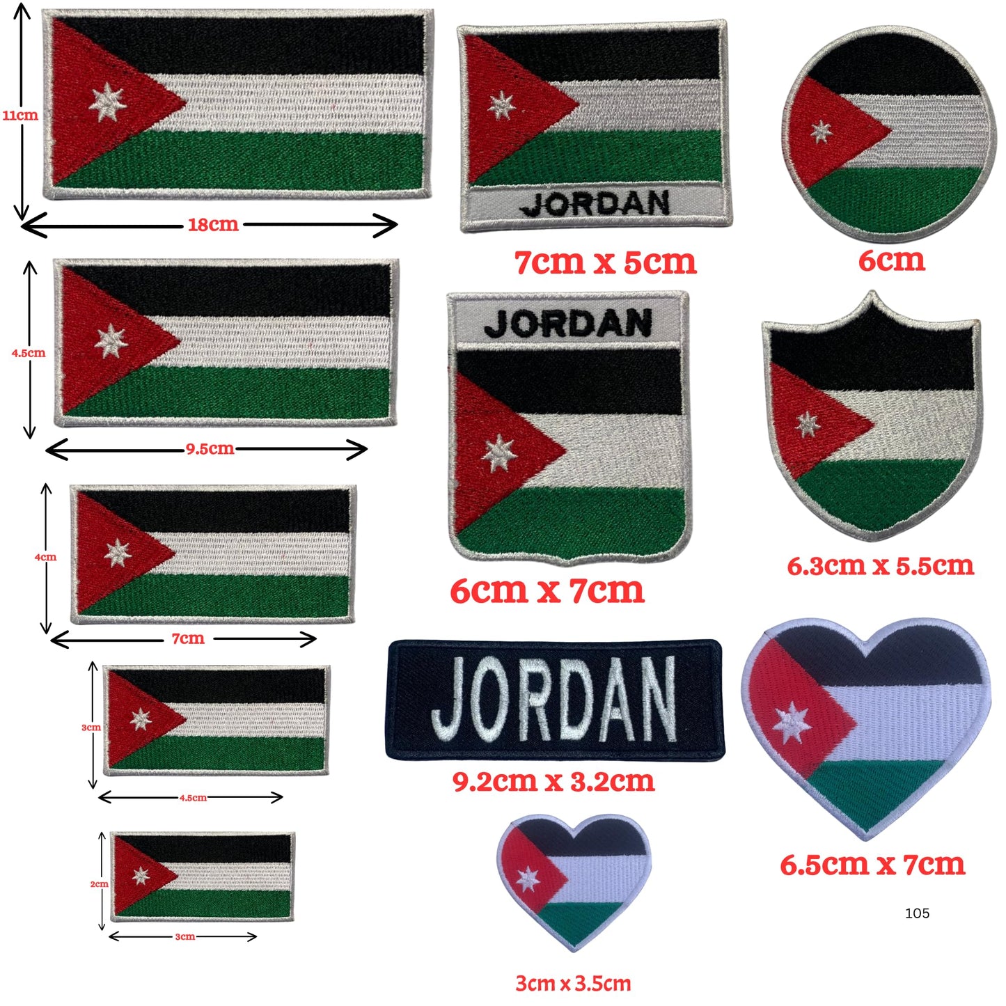Jordan Flag Embroidered Patches, Iron-On/Sew-On Applique, Shield, Round, Heart and Rectangle Flag Badges for Jackets, Bags, Uniforms, Various Sizes
