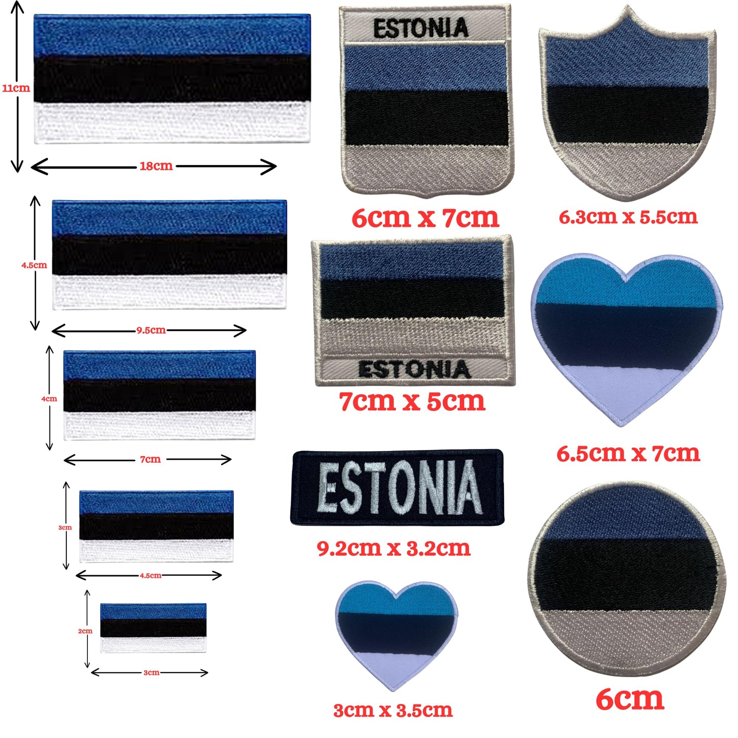 Estonia Flag Embroidered Patch Set, Iron-On or Sew-On Applique Badges, Rectangle Shield Round Heart Shapes, for Jackets, Backpacks, Hats, Uniforms and Various Sizes