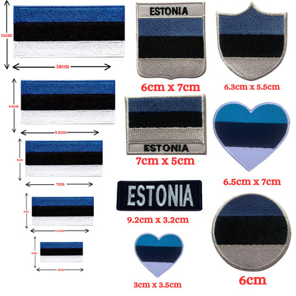 Estonia Flag Embroidered Patch Set, Iron-On or Sew-On Applique Badges, Rectangle Shield Round Heart Shapes, for Jackets, Backpacks, Hats, Uniforms and Various Sizes