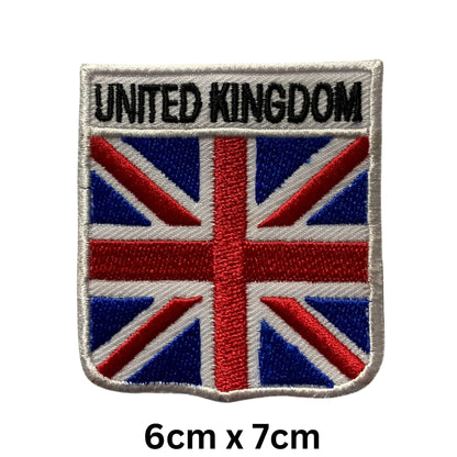 United Kingdom Flag Embroidered Patch Set, Iron-On or Sew-On Applique Badges, Rectangle Shield Round Heart Shapes, for Jackets, Backpacks, Hats, Uniforms and Various Sizes