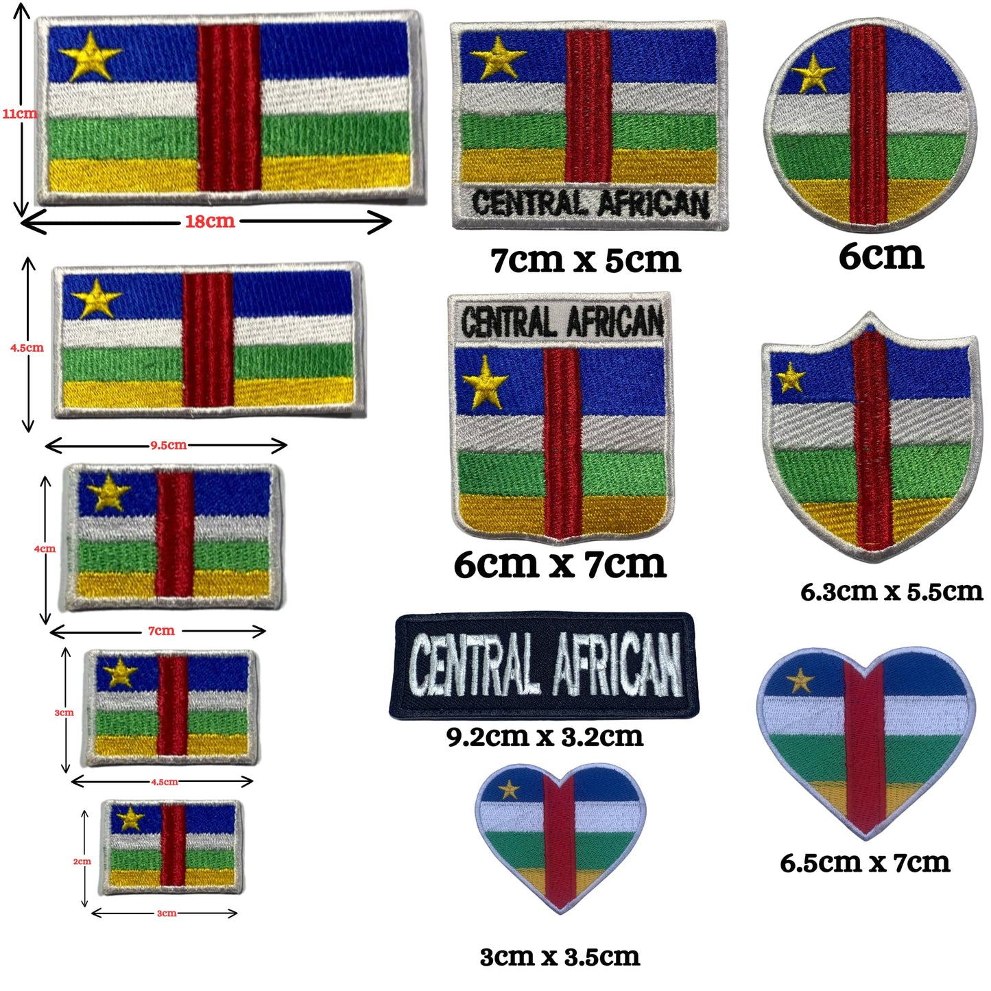 Central African Flag Embroidered Patch Set, Iron-On or Sew-On Applique Badges, Rectangle Shield Round Heart Shapes, for Jackets, Backpacks, Hats, Uniforms and Various Sizes