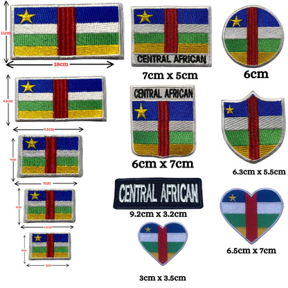 Central African Flag Embroidered Patch Set, Iron-On or Sew-On Applique Badges, Rectangle Shield Round Heart Shapes, for Jackets, Backpacks, Hats, Uniforms and Various Sizes