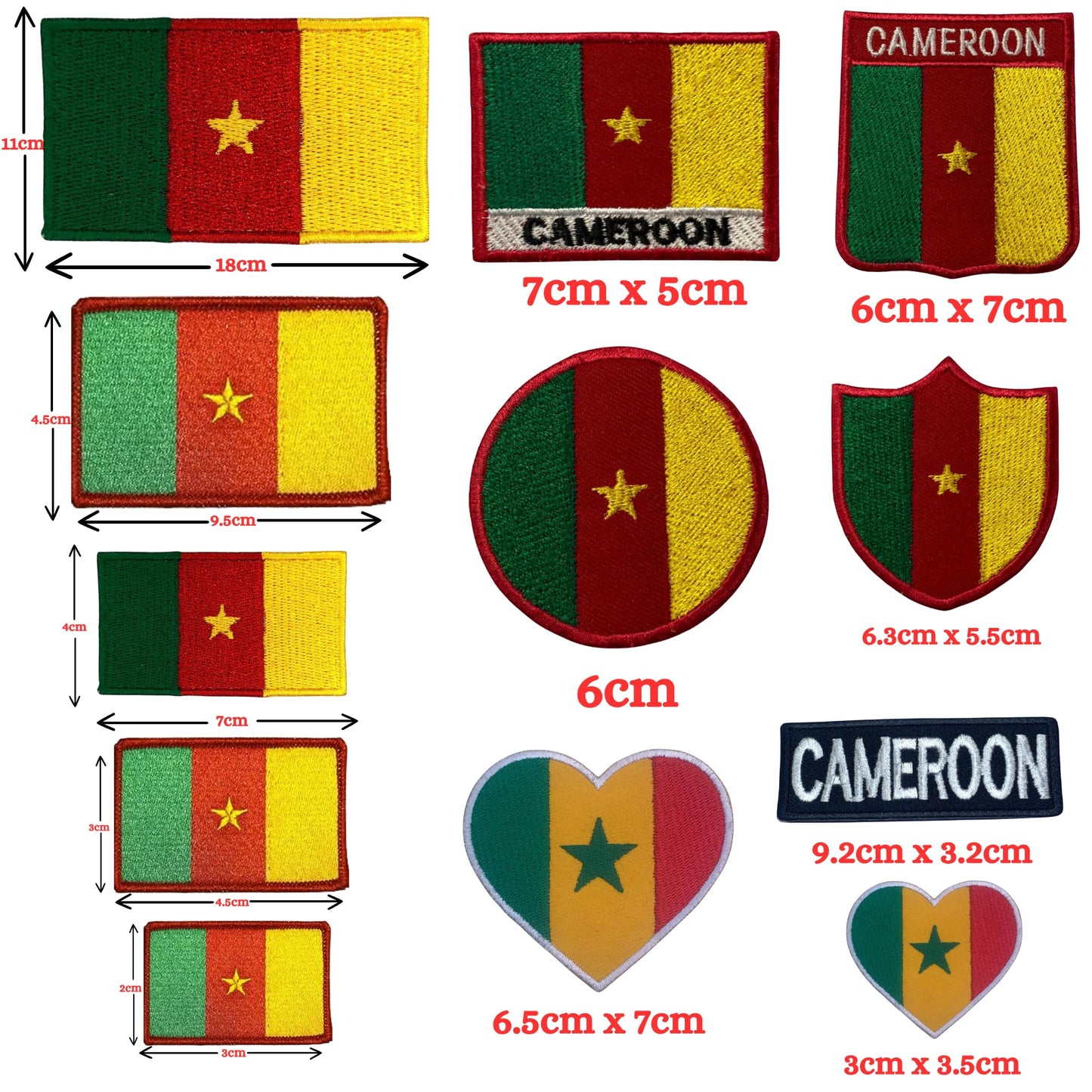Cameroon Flag Embroidered Patch Set, Iron-On or Sew-On Applique Badges, Rectangle Shield Round Heart Shapes, for Jackets, Backpacks, Hats, Uniforms and Various Sizes