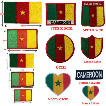 Cameroon Flag Embroidered Patch Set, Iron-On or Sew-On Applique Badges, Rectangle Shield Round Heart Shapes, for Jackets, Backpacks, Hats, Uniforms and Various Sizes