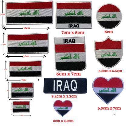 Iraq Flag Embroidered Patch Set, Iron-On or Sew-On Applique Badges, Rectangle Shield Round Heart Shapes, for Jackets, Backpacks, Hats, Uniforms and Various Sizes