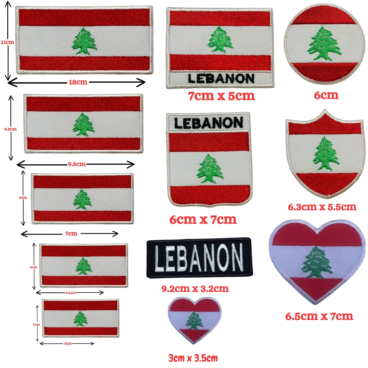 Lebanon Flag Embroidered Patch Set, Iron-On or Sew-On Applique Badges, Rectangle Shield Round Heart Shapes, for Jackets, Backpacks, Hats, Uniforms and Various Sizes