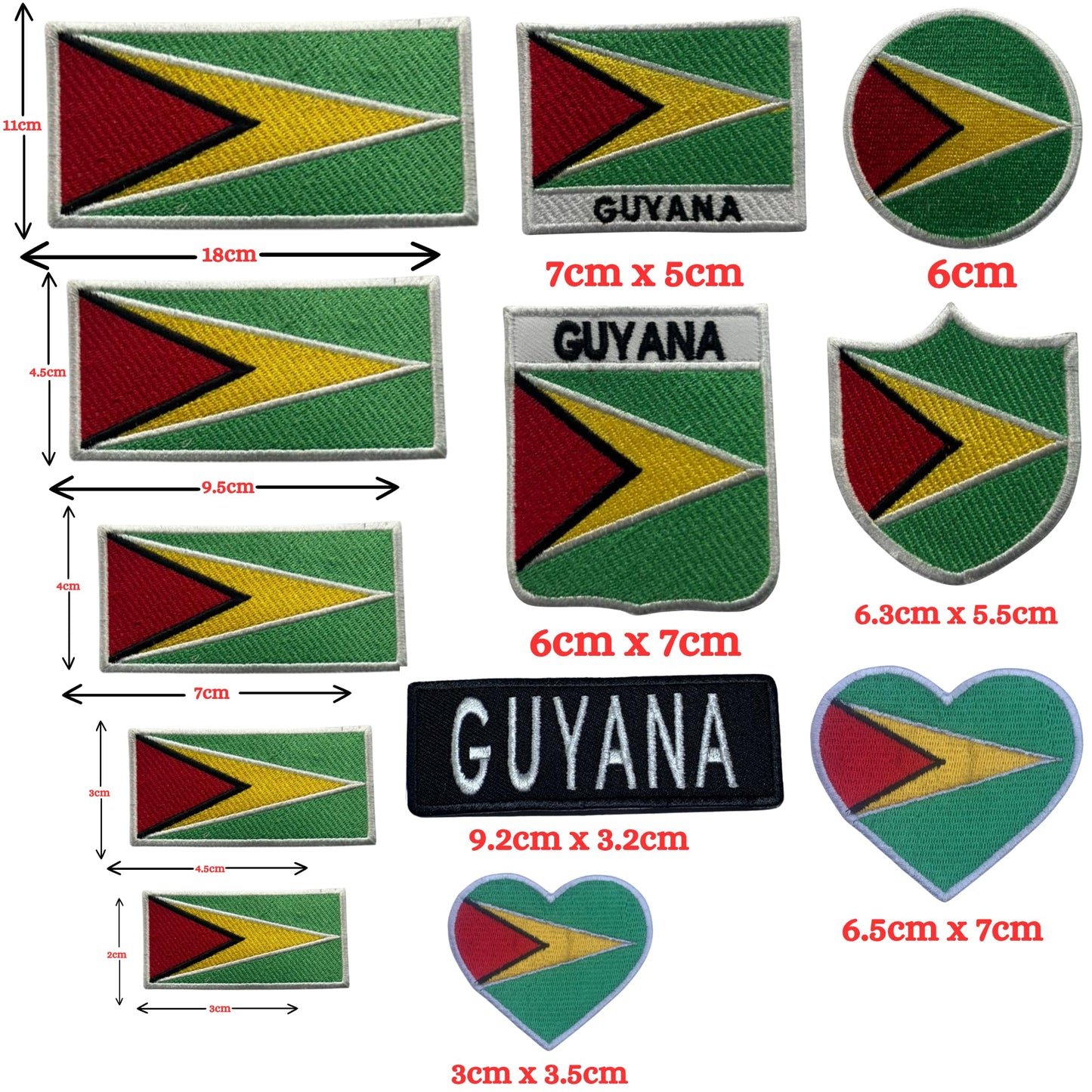 Guyana Flag Embroidered Patch Set, Iron-On or Sew-On Applique Badges, Rectangle Shield Round Heart Shapes, for Jackets, Backpacks, Hats, Uniforms and Various Sizes