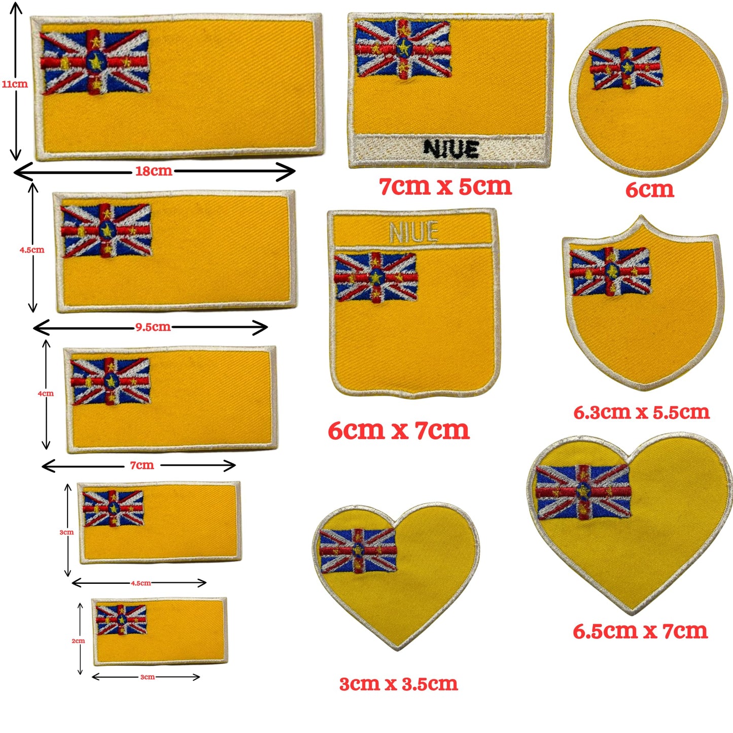 Niue Flag Embroidered Patch Set, Iron-On or Sew-On Applique Badges, Rectangle Shield Round Heart Shapes, for Jackets, Backpacks, Hats, Uniforms and Various Sizes
