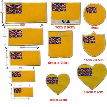 Niue Flag Embroidered Patch Set, Iron-On or Sew-On Applique Badges, Rectangle Shield Round Heart Shapes, for Jackets, Backpacks, Hats, Uniforms and Various Sizes