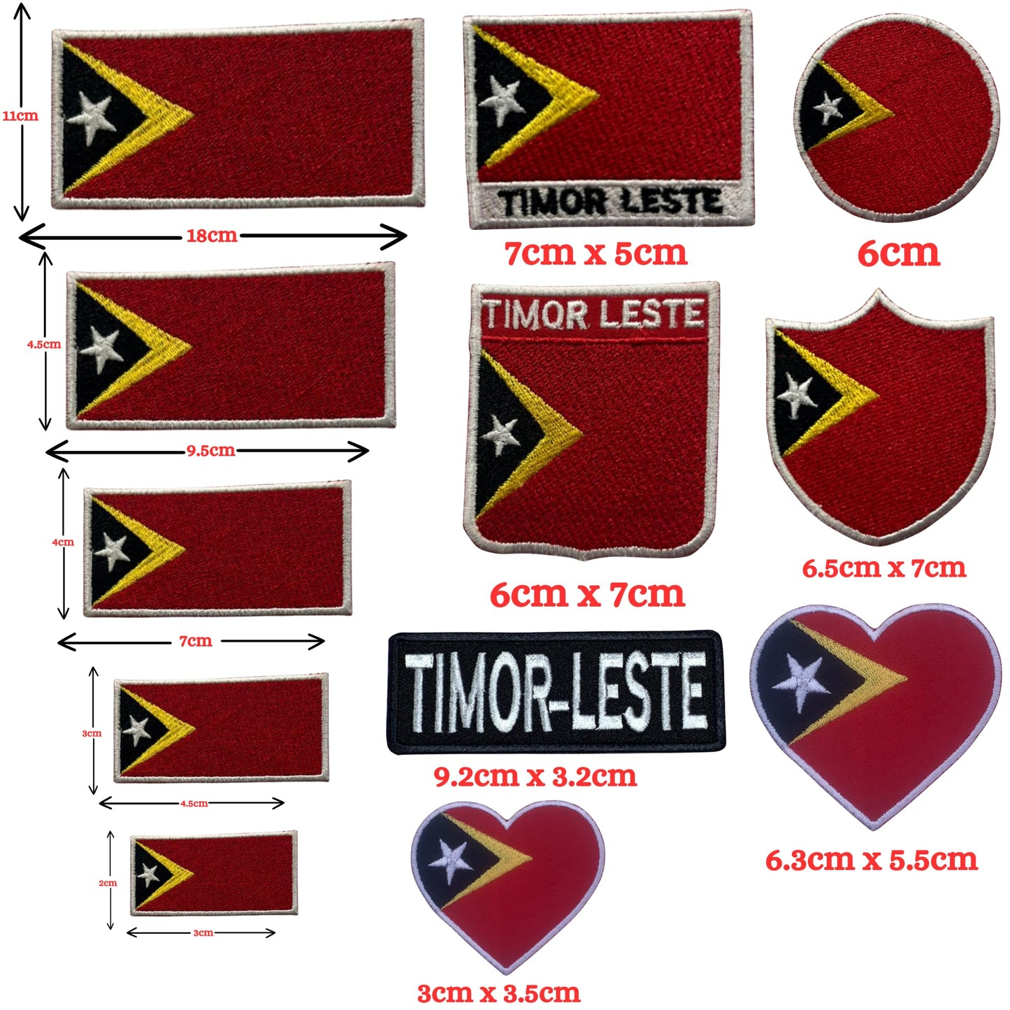 Timor Leste Flag Embroidered Patch Set, Iron-On or Sew-On Applique Badges, Rectangle Shield Round Heart Shapes, for Jackets, Backpacks, Hats, Uniforms and Various Sizes