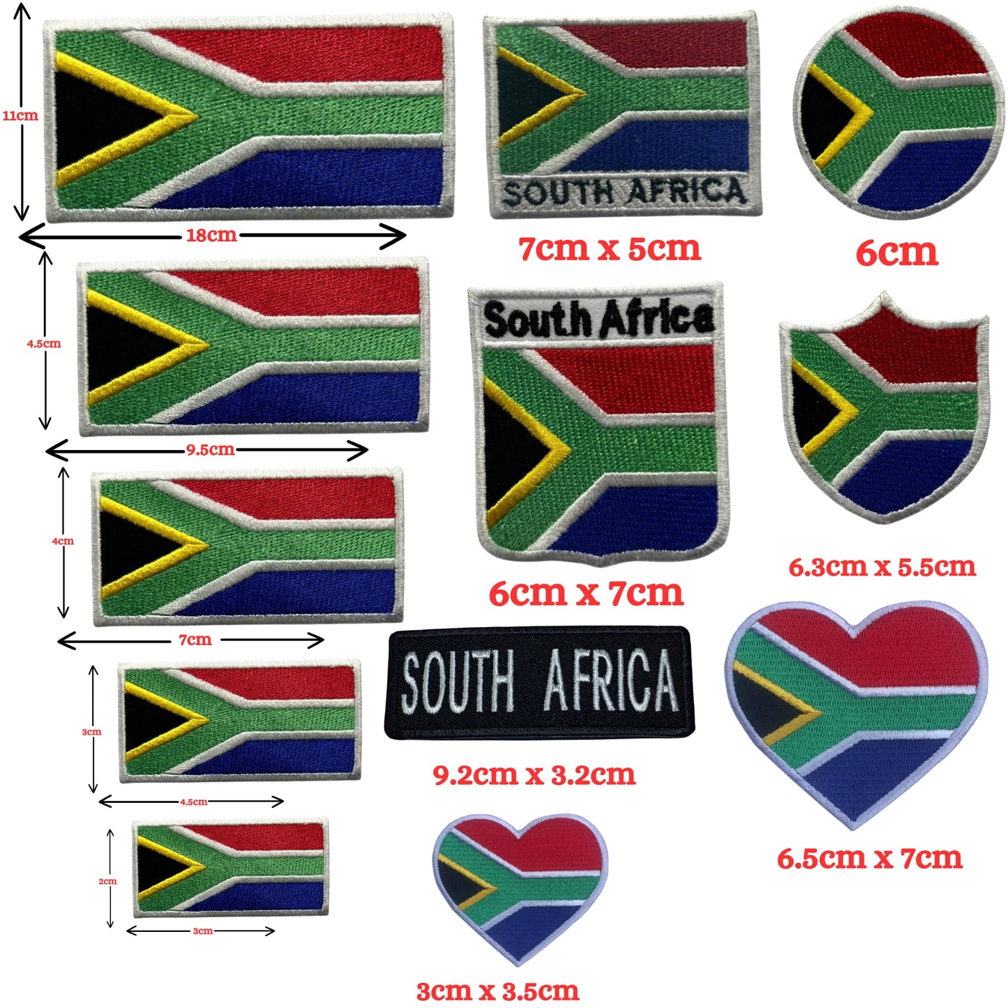South Africa Flag Embroidered Patches, Iron-On/Sew-On Applique, Shield, Round, Heart and Rectangle Flag Badges for Jackets, Bags, Uniforms, Various Sizes
