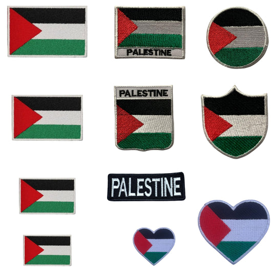 Palestine Flag Embroidered Patch Set, Iron-On or Sew-On Applique Badges, Rectangle Shield Round Heart Shapes, for Jackets, Backpacks, Hats, Uniforms and Various Sizes